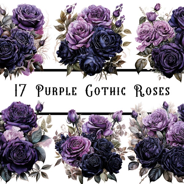 Watercolour Purple Gothic Roses clipart bundle, floral images, gothic png, botanical clipart, garden junk journal, scrapbooking, paper craft