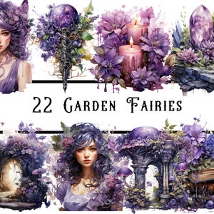 Watercolour Garden Fairies Clipart Bundle, fairy printable, fairy house png, fairy wings clipart, fairy invitation, purple fairy png