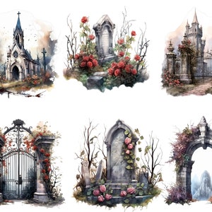 Watercolour Gothic Cemetery Clipart, Gothic Clipart, Spooky Clipart ...