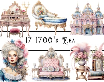 Watercolour 1700's Era Clipart Bundle, pastel vintage clipart, shabby chic clipart, vintage décor clipart, Marie Antoinette illustrations