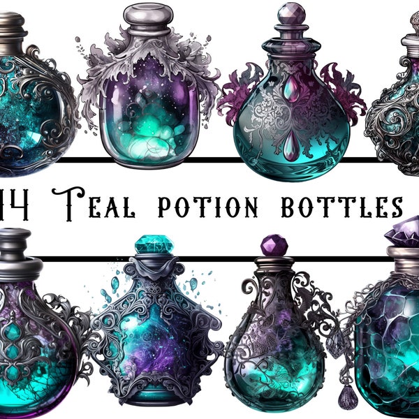 Teal potion bottles, witchy clipart, potion bottles, magic potion, teal, junk journal clipart, magical clipart, apothecary witch bottles PNG