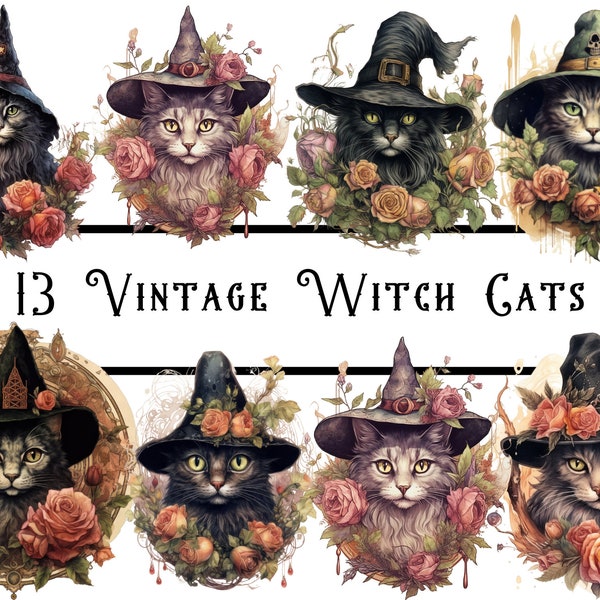 Watercolour Vintage Witch Cats Clipart, witch junk journal, witch stickers, vintage cat clipart, witchcraft bundle, cute cat png