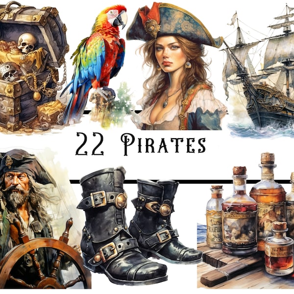 Bundle de cliparts pirates aquarelle, clipart nautique PNG, téléchargement numérique instantané pour scrapbooking journal indésirable, usage commercial complet