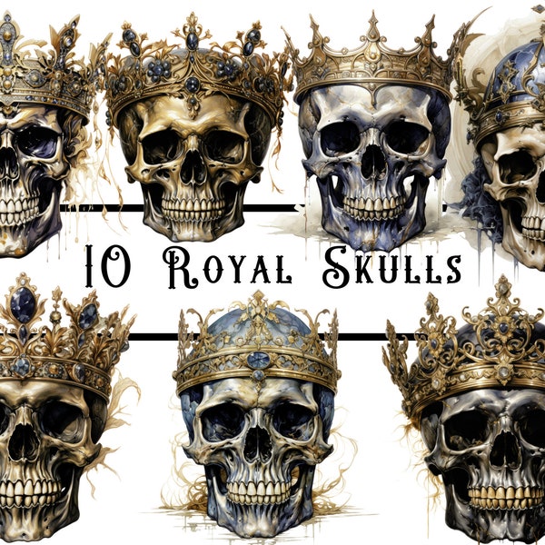 Watercolour Skulls Clipart bundle, spooky clipart, royal images, horror clipart, crown clipart, junk journal, scrapbooking, paper crafts