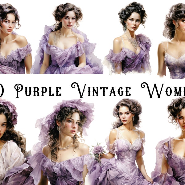 Watercolour Purple Vintage Woman Clipart Bundle, fashion clipart, purple clipart, vintage fashion junk journal, victorian dress