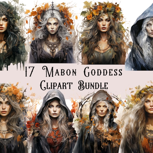 Watercolour Mabon Goddess Clipart Bundle, pagan wicca clipart, harvest festival clipart, pagan goddess png, witch junk journal, autumn fall