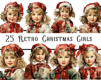 Retro Christmas Girls clipart bundle, vintage christmas clipart, vintage printable christmas, card making, xmas scrapbook, junk journal