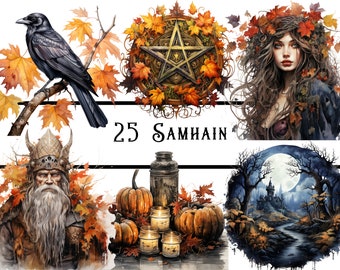 Watercolour Samhain Clipart bundle, pagan clipart, autumn fall clipart, autumn equinox clipart, pagan god clipart, harvest festival clipart