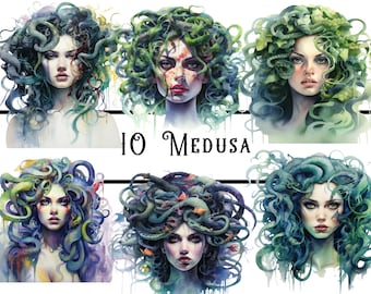 Watercolour Medusa Clipart, medusa art head, mythology clipart, Ancient Greece clipart, junk journal, scrapbook, instant download