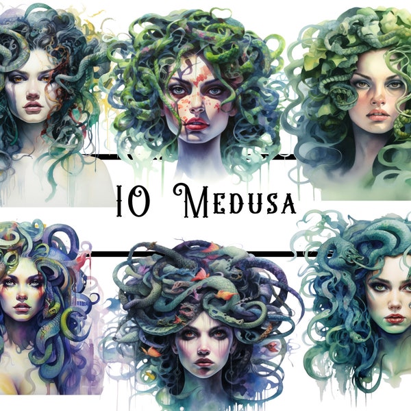 Watercolour Medusa Clipart, medusa art head, mythology clipart, Ancient Greece clipart, junk journal, scrapbook, instant download