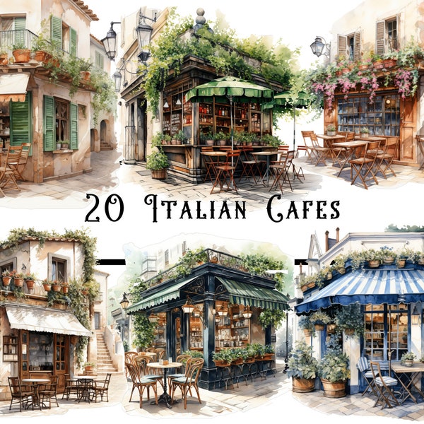 Watercolour Italian Cafe clipart bundle, cosy cafe bundle, coffee shop clipart, junk journal, scrap book, paper crafts, cute cafe images