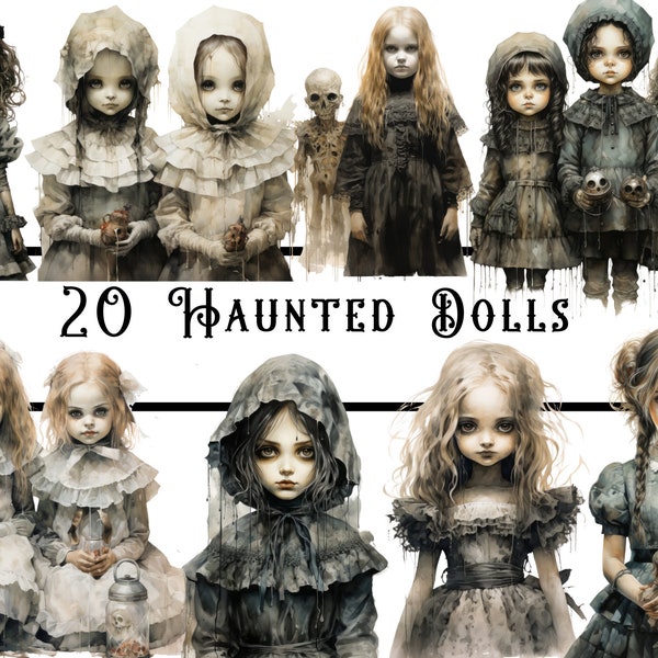 Watercolour Haunted Dolls Clipart Bundle, spooky clipart, horror clipart, junk journal, digital planner, gothic clipart, haunted toys