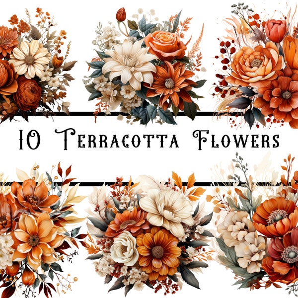 Watercolour Terracotta Flowers clipart bundle, botanical clipart, orange flowers,  botanical print images, garden junk journal, scrapbooking