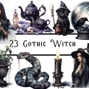 Watercolour Gothic Witch Clipart, witch junk journal, black witch clipart, gothic clipart, celestial clipart, witchy clipart