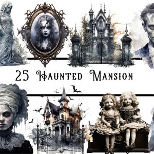 Watercolour Haunted Mansion Clipart, Horror clipart, spooky clipart, haunted house, junk journal, digital planner, gothic clipart