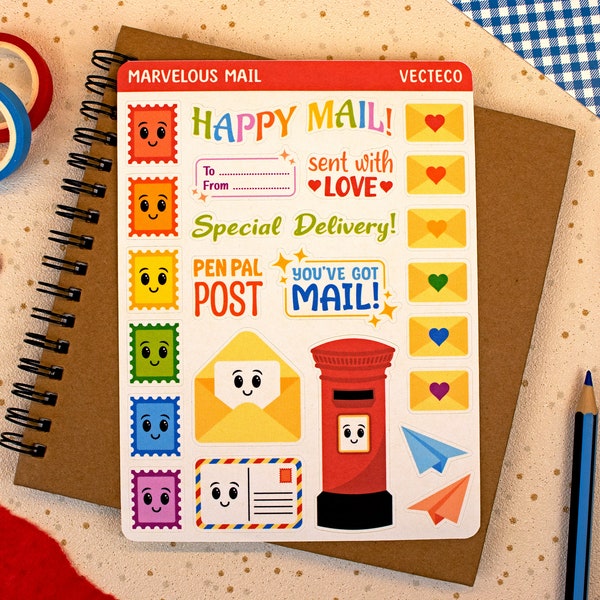 Happy Mail Snail Mail Sticker Sheet – Cute Pen Pal Stickers – Fun Colourful Stickers For Letters, Bullet Journals, Scrapbooks, Planners