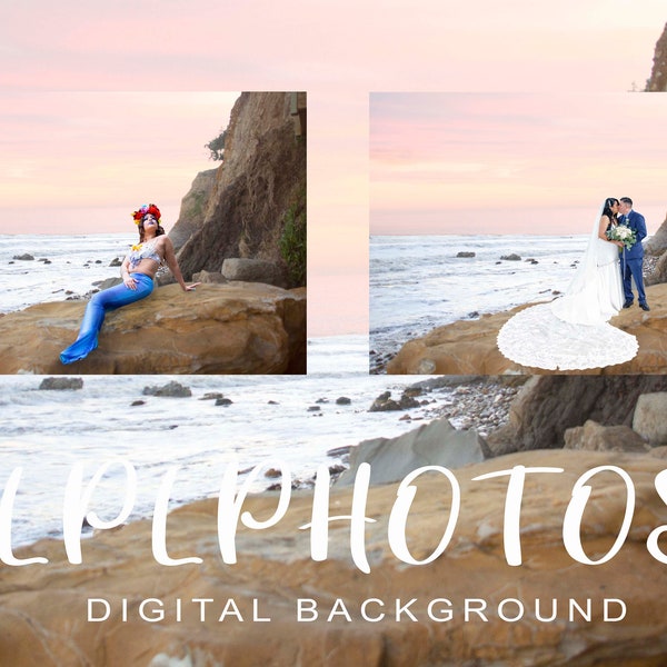 Digital Background, Beach, Cliff, Rock, Sunset