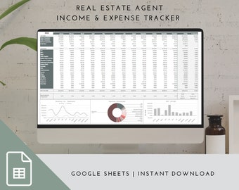 May include: A computer screen displaying a Google Sheets spreadsheet titled "Real Estate Agent Income & Expense Tracker". The spreadsheet includes a table with columns for income and expenses, as well as charts showing income and expenses over time.