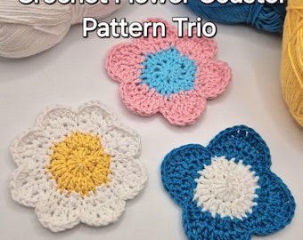 Crochet Flower Coaster Pattern Trio - make your own 3 Flower coasters. Crochet  floral Decor