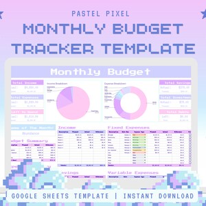 Puede incluir: Una plantilla de presupuesto mensual en Google Sheets de color rosa pastel y azul. La plantilla incluye secciones para ingresos, gastos, ahorros e inversiones. La plantilla está diseñada para ayudar a los usuarios a realizar un seguimiento de sus finanzas y alcanzar sus objetivos financieros.