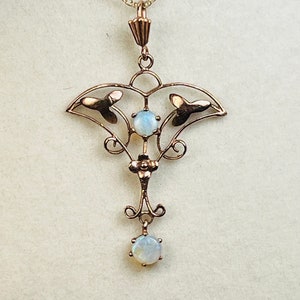 Antique Art Nouveau Opal 9K Gold Pendant Lavaliere European Edwardian