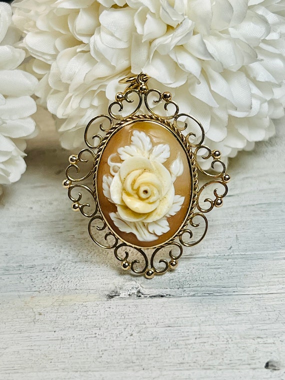 Vintage Rose Flower Shell Cameo 9K Gold