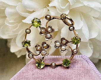 Antique Murrle Bennet Peridot & Pearl 9K Gold Pendant