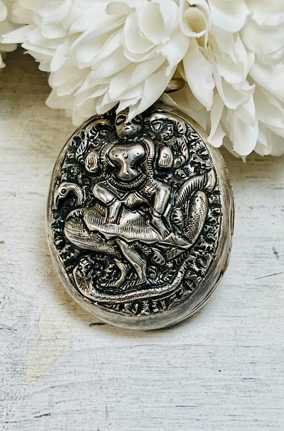 Antique Silver Tibetan Motif Locket Hindu God