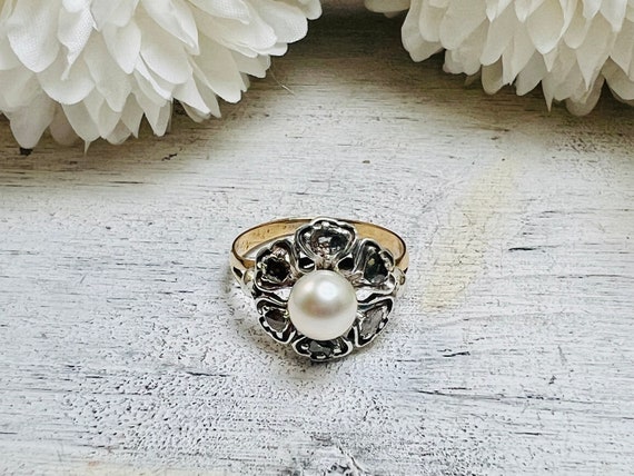Antique Art Nouveau Pearl and Diamond Ring Gold a… - image 9
