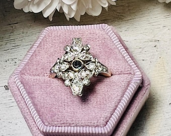 Reserved for E! Antique Diamond and Blue Sapphire 18K Gold and Platinum Statement Ring Size 6 1/4 Art Deco Nouveau
