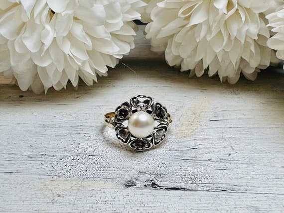 Antique Art Nouveau Pearl and Diamond Ring Gold a… - image 10