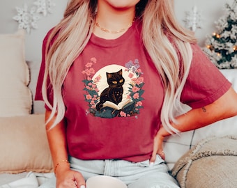 Cat Mom Shirt, Cat Lover Tee, Cute Book Cat Shirt, Floral Book Shirt, Book Lover Sweatshirt, Reader Bookish Tee, Cat Themed Gifts For Women