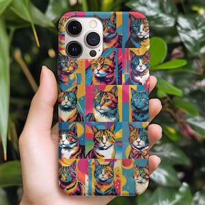 Cat Phone Case for iPhone, Pop Art Cat iPhone Case, Durable iPhone Cover, Cat Lover Gift, iPhone 16 15 14 13 12 11 X XR XS 8