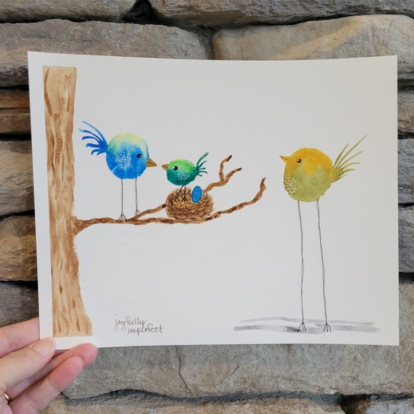 Chubby Birds Nest with toddler and egg. Soon to be family of 4, Watercolor painting, Birds nest, Watercolor birds, cute birds, 8x10