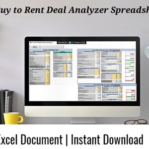 May include: A computer screen displaying a spreadsheet titled "Buy to Rent Deal Analyzer Spreadsheet" with a yellow and green color scheme. The spreadsheet is for analyzing real estate investments. The text "Excel Document | Instant Download" is displayed below the screen.