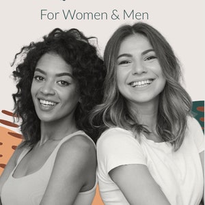 May include: Image features two smiling women, back-to-back, with the text "Happy Hormones" and "Frequency Body Patch For Women & Men." The Bio2Balance logo is at the bottom. The background has a neutral color palette with brown and orange accents.