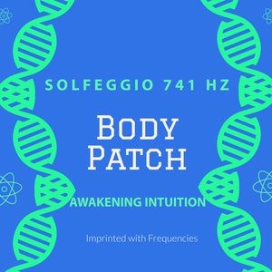 May include: A blue square background with a green DNA strand design on each side. The text "SOLFEGGIO 741 HZ BODY PATCH AWAKENING INTUITION" is in white text. The text "Imprinted with Frequencies" is in white text at the bottom of the image.