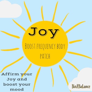 May include: A yellow sun with rays, with the word "Joy" in black text, and the words "BOOST FREQUENCY BODY PATCH" below. The text "Affirm your Joy and boost your mood" is in black text below the sun. The text "Bio2Balance" is in black text in the lower right corner.