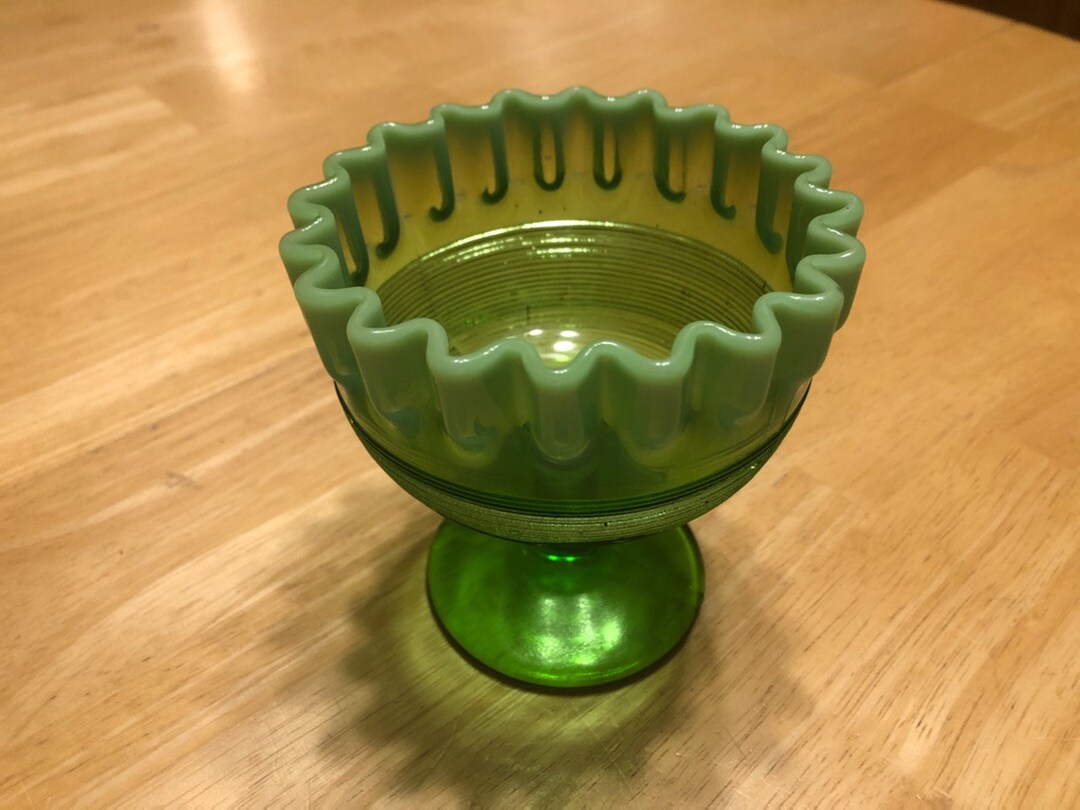 Vintage Green Opalescent Glass Pedestal Bowl With Ruffled Etsy