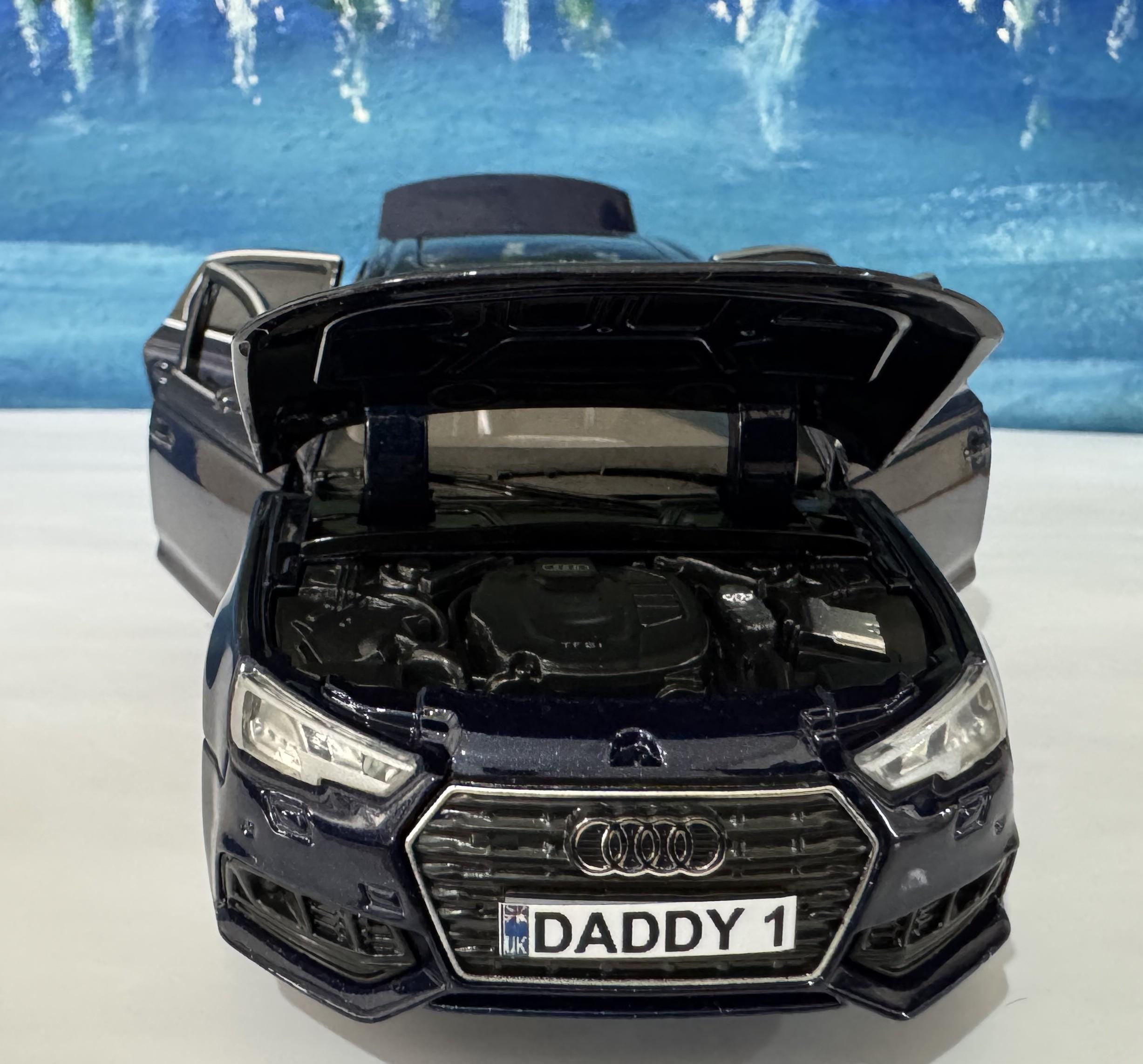 Personalized BLUE Audi A4 Toy Car 1:32, Light and Sound | Opening Doors, Hood & Trunk | Gift for Dad, mom, girl or Boy | Collectible Model