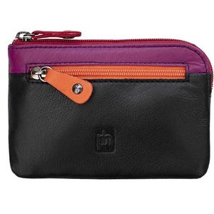 May include: A black leather coin purse with a zipper closure. The purse has a pink, orange, and red trim. The purse has a small logo on the front.