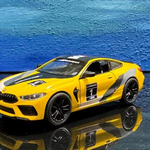 BMW M8 Competition Coupe Diecast Model 1:38 – Pull Back Toy Car with Open Doors, Yellow Red Collectible Gift for Him Kids Car Lovers