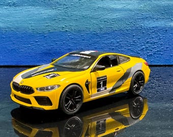 BMW M8 Competition Coupe Diecast Model 1:38 – Pull Back Toy Car with Open Doors, Yellow Red Collectible Gift for Him Kids Car Lovers