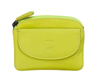 May include: A lime green leather coin purse with a small front pocket and a zipper closure. The purse has a rounded shape and a small logo embossed on the front. The zipper pull is green, and the zipper is black.