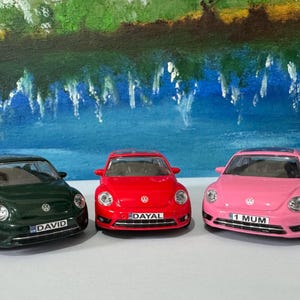 Könnte beinhalten: Drei Spielzeug-Volkswagen Käfer in Grün, Rot und Pink. Jedes Auto hat ein Nummernschild mit einem Namen. Der Hintergrund ist ein Gemälde einer Landschaft mit blauen und grünen Farben.