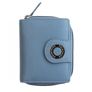 Cartera Flavia de piel de primera calidad - Mediana, con cremallera, tres pliegues, en azul aciano / Cierre magnético / Monedero de lujo para mujer en caja de regalo