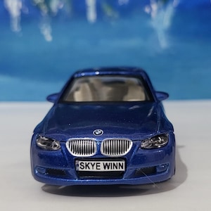 PERSONALISED PLATES Blue BMW 335I Toy Car Model boy girl dad mom uncle grandad brother Easter birthday gift present New! Boxed