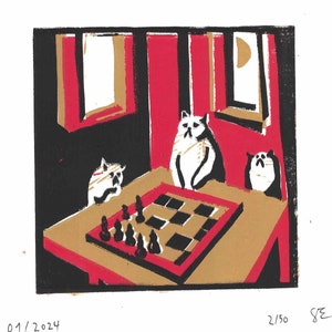 Linocut - Printmaking - Cats Playing Chess