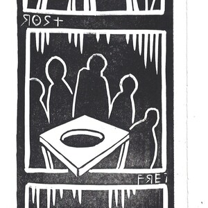 リノプリント - プリントアート - 穴のあるテーブルの周りの人々 - さまざまな色