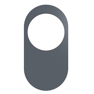 May include: A grey, oval-shaped door hanger with a circular cutout. The door hanger is a solid, matte grey colour and has rounded edges. The cutout is a perfect circle, creating a negative space within the design.